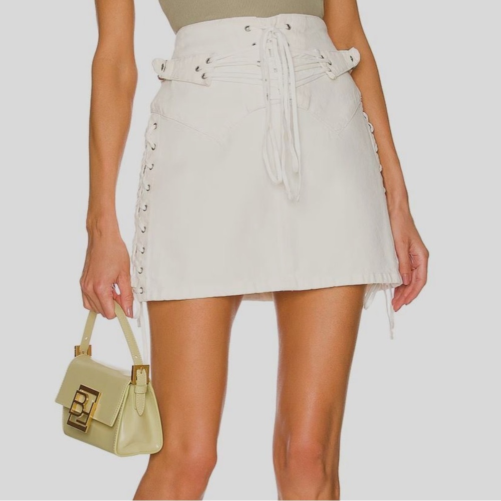 Re/Done White Lace-Up Denim Mini Skirt